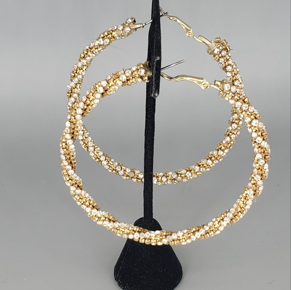 Goldtone Rhinestone Large Hoop Earrings - Picture 3 of 10